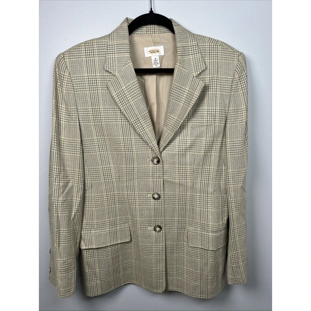 Vintage Talbots Blazer Womens Size 10 Beige Plaid Button Lined Silk Blend USA